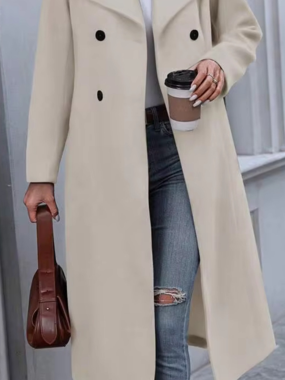 Women's Double-Breasted Long Cream Coat